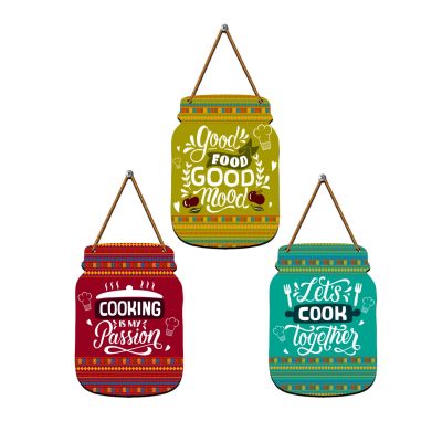 Mason Jar Shape Kitchen Wall Decor Set of 3 Wooden Hanging with Inspirational Quotes